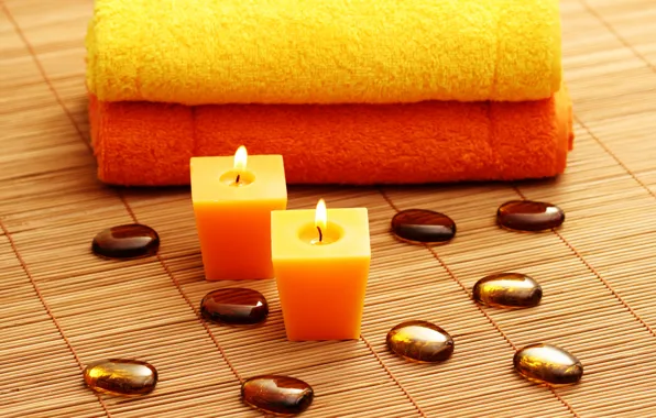 Stones, candles, towels, Spa, Mat, spa