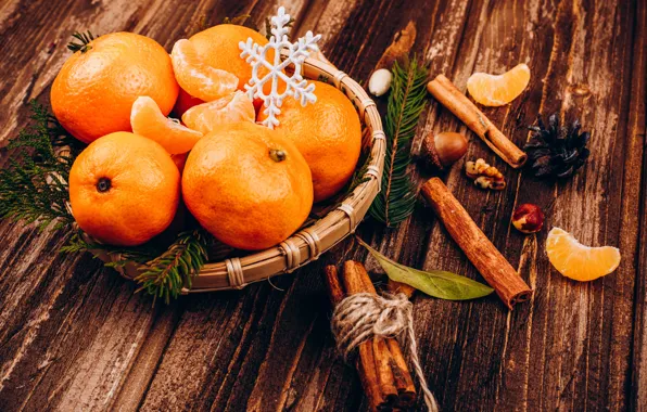 Decoration, New Year, Christmas, Christmas, wood, New Year, tangerines, decoration