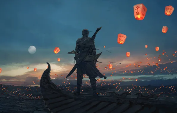 The sky, boat, China, back, people, art, sky lanterns