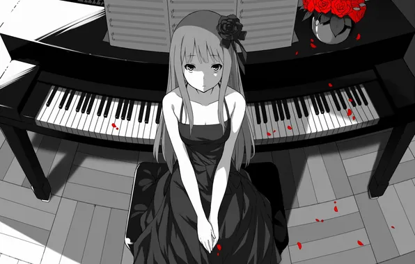 Girl, roses, piano, art, red, black and white, vase, monochrome
