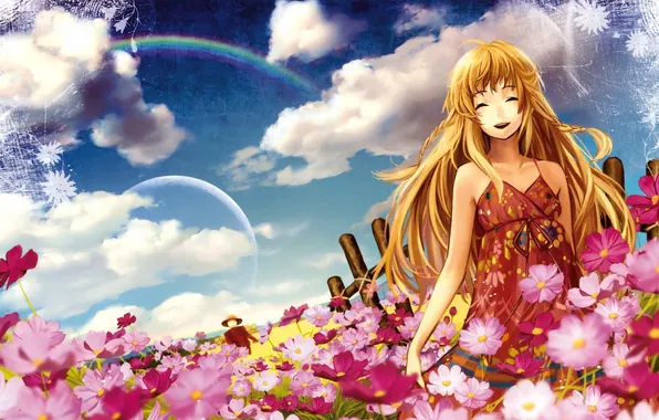 Summer, the sky, girl, clouds, flowers, smile, rendering, the fence