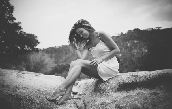 The sky, girl, trees, smile, stones, feet, hair, white dress