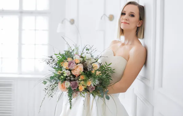 Look, girl, light, flowers, pose, smile, room, white
