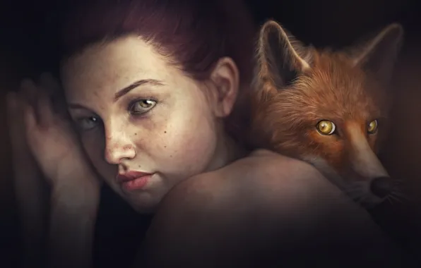 Picture look, girl, rendering, background, portrait, Fox, brown hair
