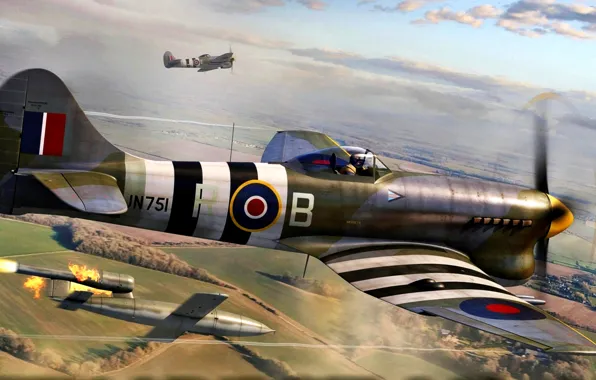 Doodlebug, Royal Air Force, Hawker, Fi-103, Tempest Mk.V, band of invading