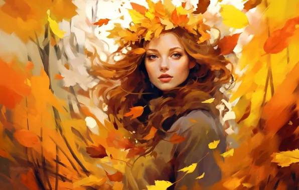 Autumn, look, leaves, girl, nature, face, the wind, foliage