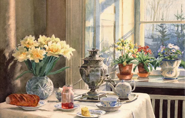 Picture flowers, table, kettle, window, vase, samovar, jam, baton
