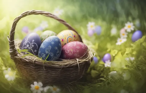 Grass, flowers, eggs, blur, Easter, basket, eggs