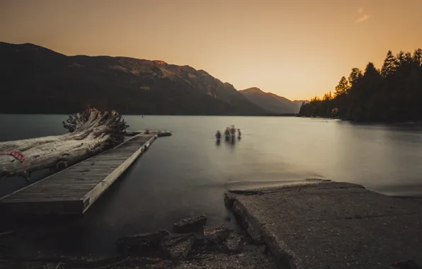 The sky, sunset, mountains, lake, people, pierce, driftwood