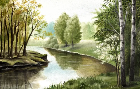 Nature, Figure, Trees, River, Painting