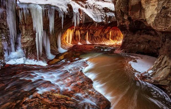 Ice, water, snow, stones, rocks, icicles