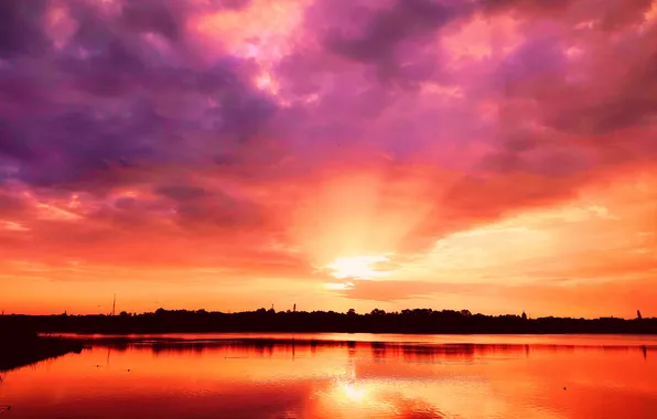 Sky, Sun, Water, Sunrise, Dawn, Morning, Lake, Trees