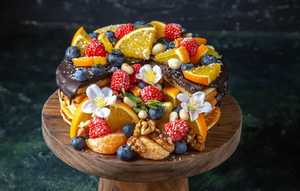 Picture berries, background, oranges, cake, nuts, flowers