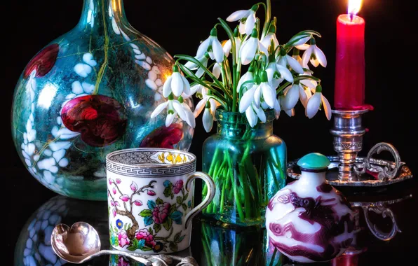 Flowers, style, reflection, candle, snowdrops, spoon, mug, still life