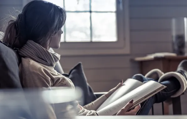 Picture girl, jeans, journal, scarf, in the chair, bokeh