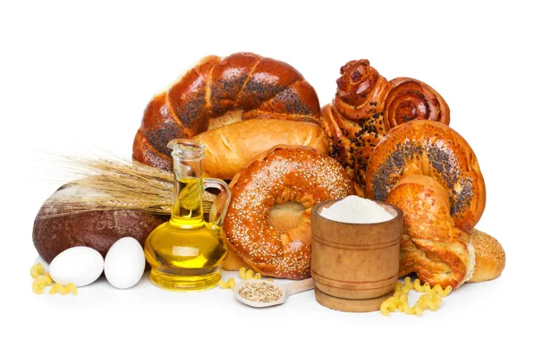 Oil, eggs, spikelets, bread, white background, cakes, bun, flour