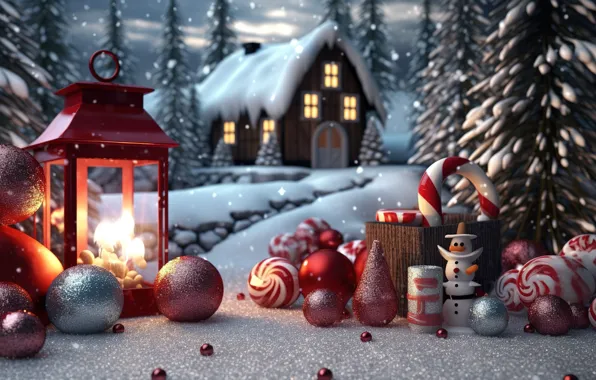 Winter, snow, decoration, night, lights, balls, New Year, Christmas