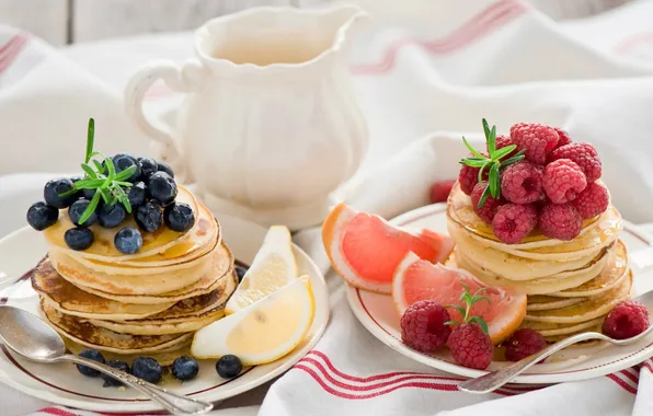Picture raspberry, lemon, blueberries, pancakes, grapefruit, pancakes