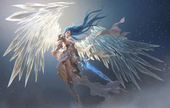 Ice, girl, snow, flight, hair, figure, angel, sword