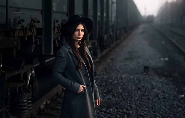 Picture girl, the way, model, hat, cars, braids, coat, beauty