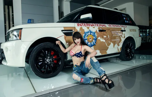 Look, Range Rover, Asian, Erotic, beautiful girl, white car, posing on the car