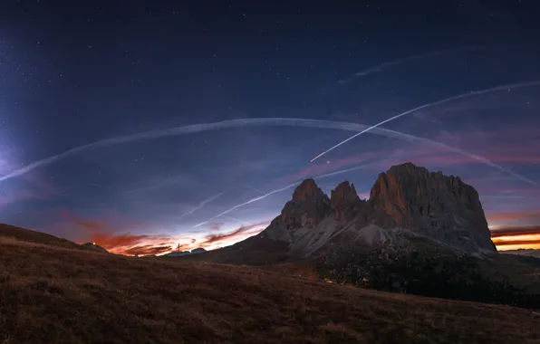 Autumn, forest, mountains, night, the slopes, tops, Alps, panorama