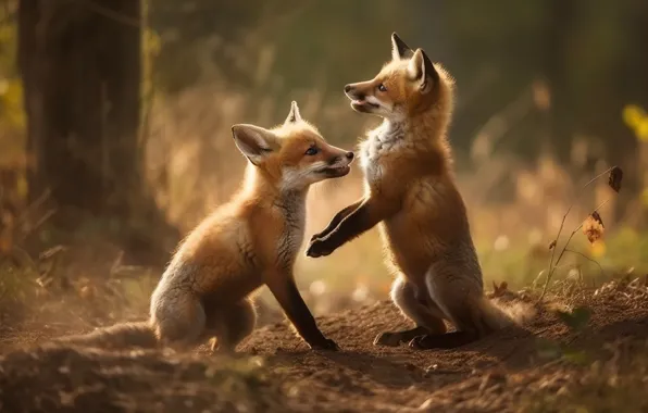 Forest, Fox, a couple, cubs, digital art, two Fox, AI art, neural network
