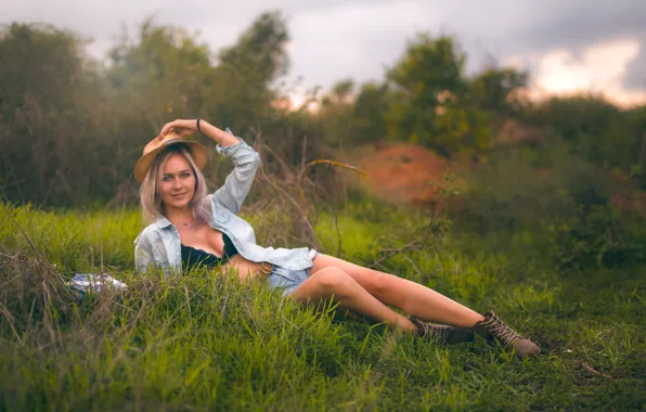 Picture grass, girl, nature, pose, shorts, hat, shoes, blonde