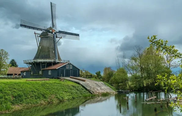 Greens, the sky, trees, river, mill