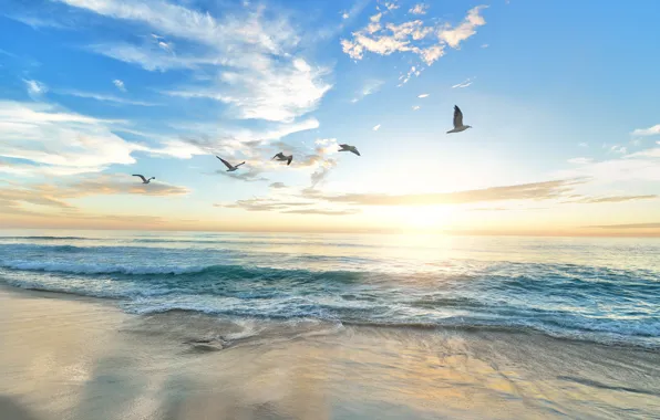 Sand, sea, wave, beach, summer, the sun, clouds, rays