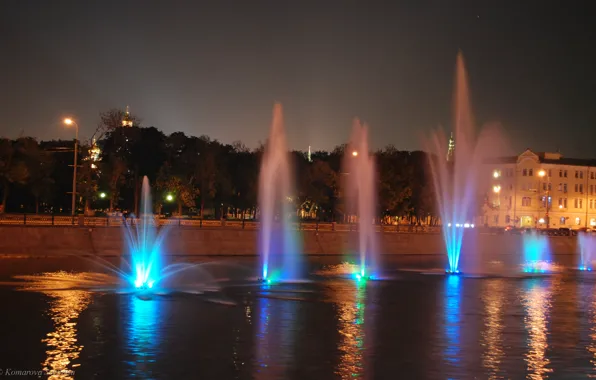 Lights, Night, River, Moscow, Fountains