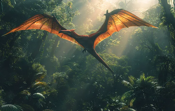 Flight, Wings, Dinosaur, Jungle, Animal, The Rays Of The Sun, Digital art, Ancient animals