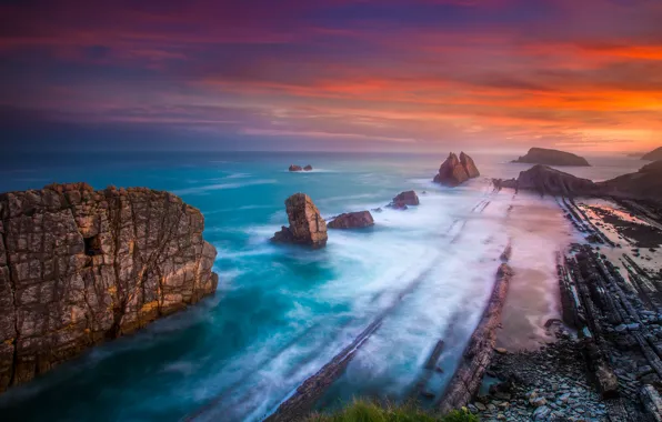 Sea, sunset, rocks, shore, nature landscape