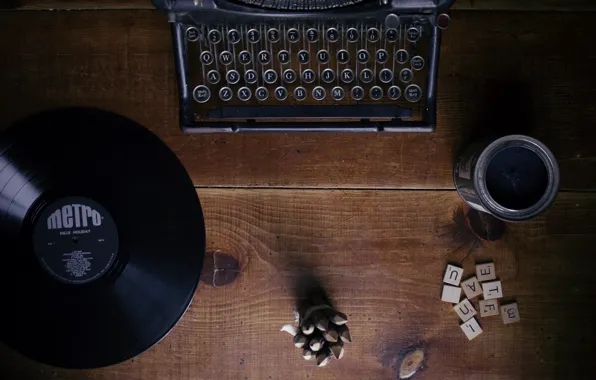 Letters, table, tree, vinyl, typewriter