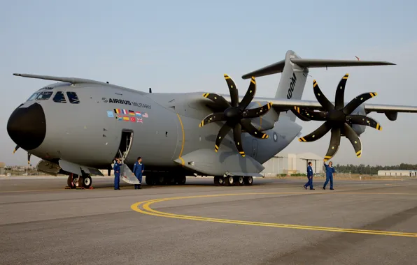 Picture the plane, military transport, Airbus, four-engine, turboprop, A400M
