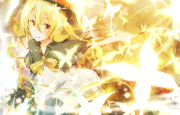 Picture girl, butterfly, stockings, hat, anime, art, tie, school uniform