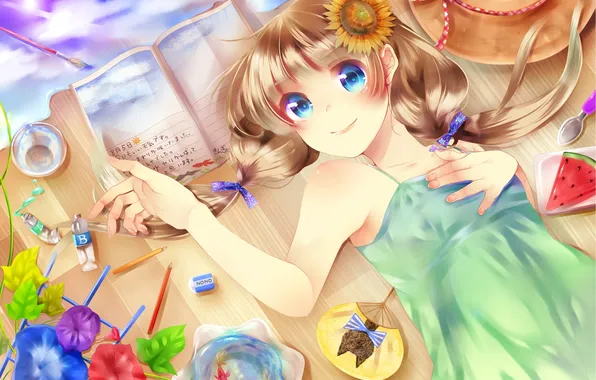 Water, girl, flowers, fish, sunflower, hat, anime, watermelon