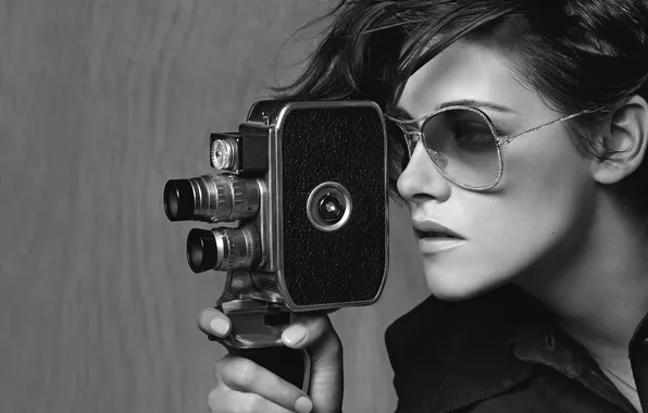 Picture girl, face, black and white, camera, actress, glasses, Kristen Stewart