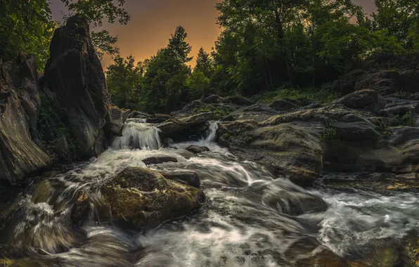 Picture water, trees, sunset, river, rocks, waterfall