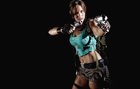 Picture girl, blood, guns, Tomb Raider, black background, equipment, cosplay, Lara Croft