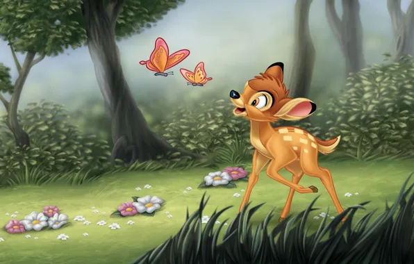 Forest, trees, flowers, cartoon, Bambi, forest, trees, flowers
