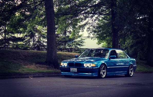 Picture road, tuning, bmw, BMW, classic, blue, e38, stance