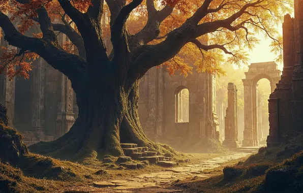 Autumn, forest, light, branches, fog, stones, castle, tree