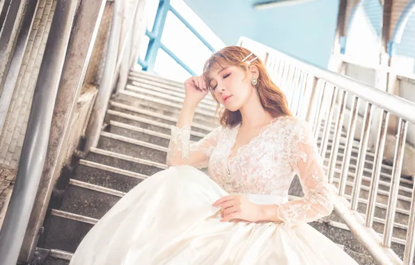 Girl, style, dress, ladder, Asian, sitting, closed eyes