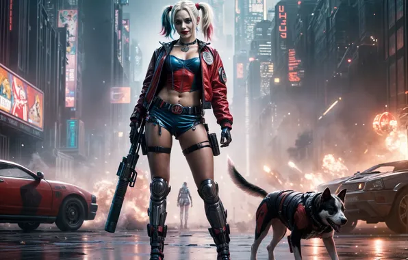 Girl, street, dog, cyborg, Harley Quinn, the image is generated by AI