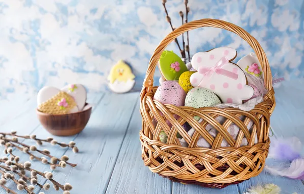 Basket, eggs, Easter, colorful, Easter