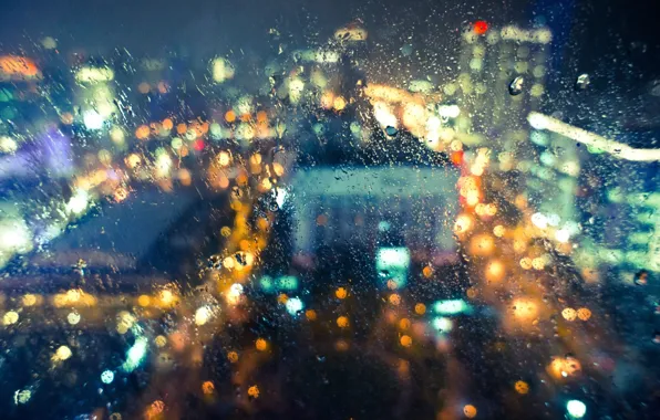 Picture glass, drops, light, the city, rain, wet, bokeh