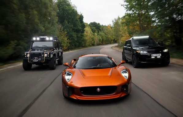 Speed, track, Jaguar, three, Land Rover, Defender, C-X75, 2015