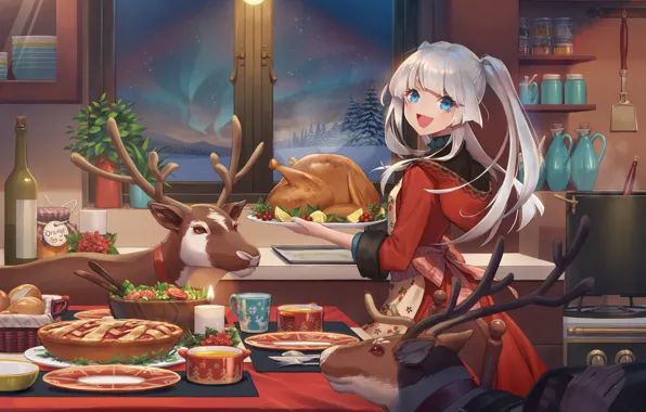 Picture girl, new year, Christmas, chicken, deer, karesuki