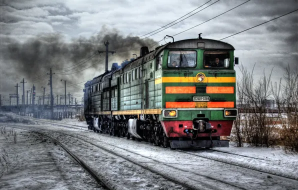 Winter, hdr, railroad, locomotive